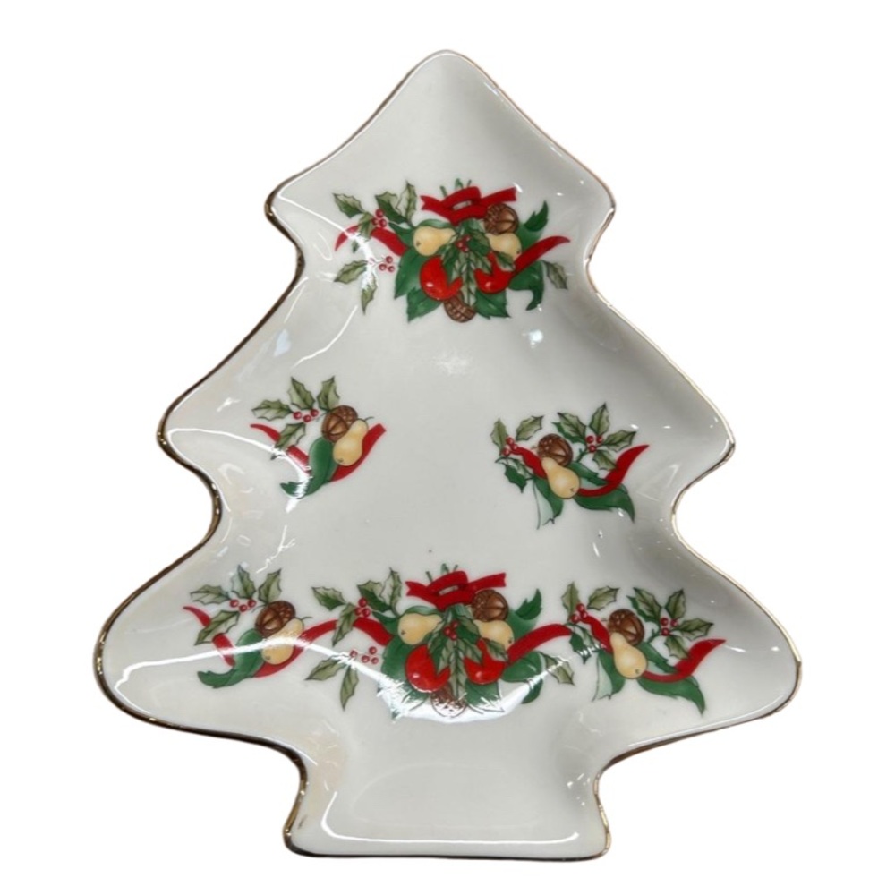 Vintage AMC Japan Ceramic Christmas Tree Shaped Serving Trinket Dish Gold Trim
